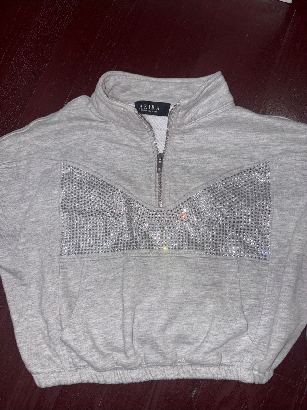 AKIRA Light Gray Rhinestone Half-Zip Cropped Sweatshirt